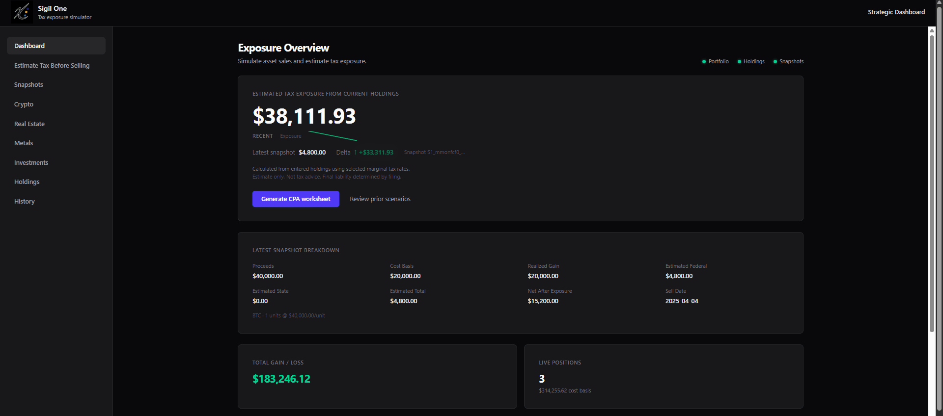 Sigil One dashboard showing estimated tax exposure