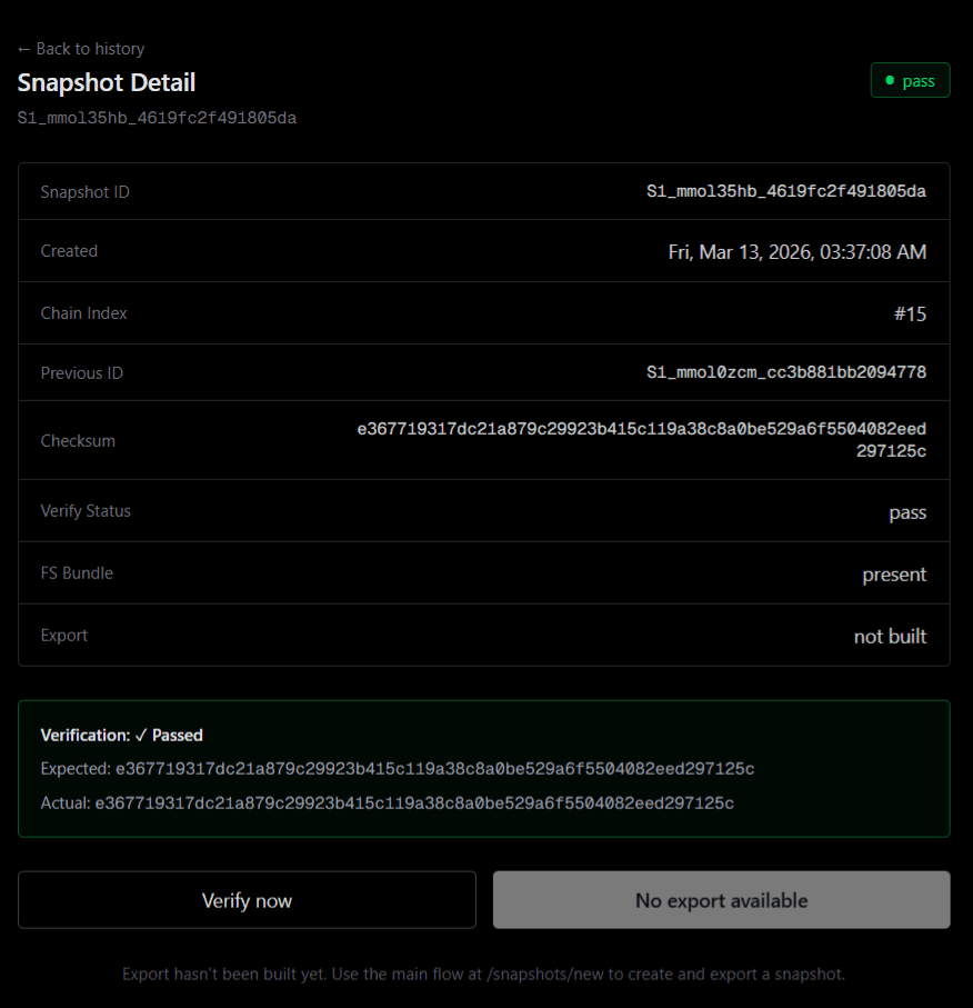 Sigil One snapshot verification showing chain integrity pass