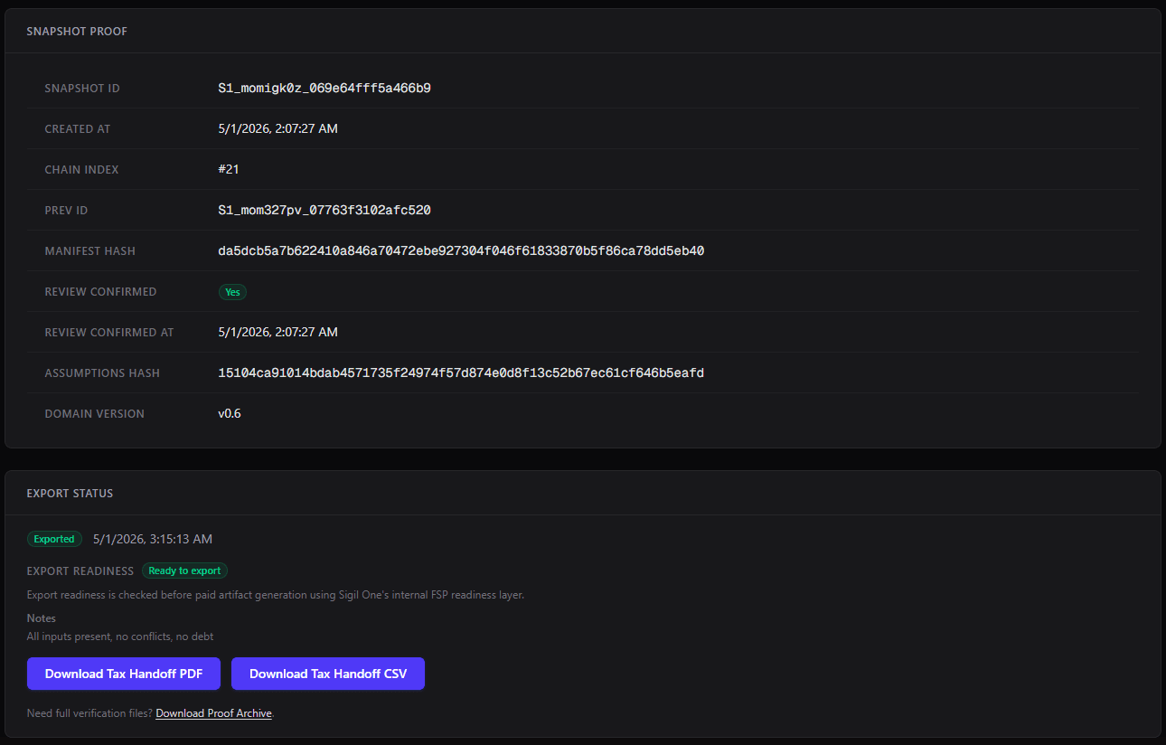 Sigil One export status showing Tax Handoff PDF, Tax Handoff CSV, and Proof Archive downloads